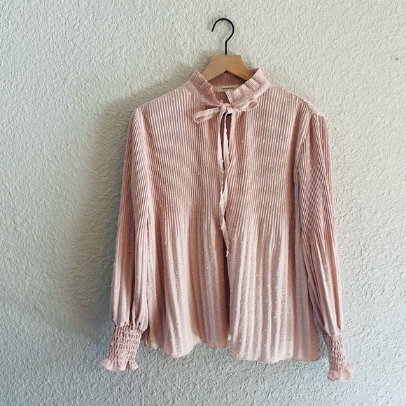 Pink Swiss Dot Pleated High Neck Blouse - Picture 1 of 13
